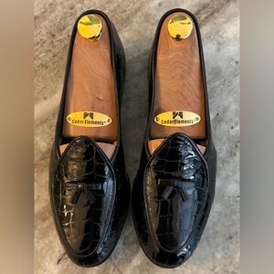 Belgian Shoes Travelette Slipper Black Crocodile Patent Leather Loafer Sz 5 Bow